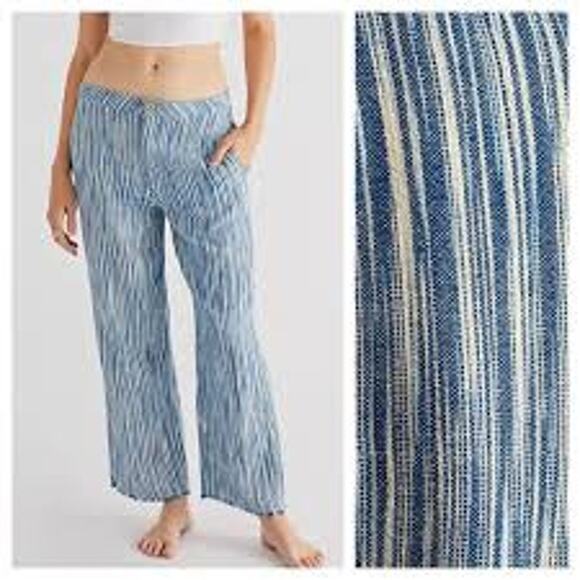 Striped Pants Blue & White Cropped Wide Leg Boho Casual Comfortable - Picture 1 of 8